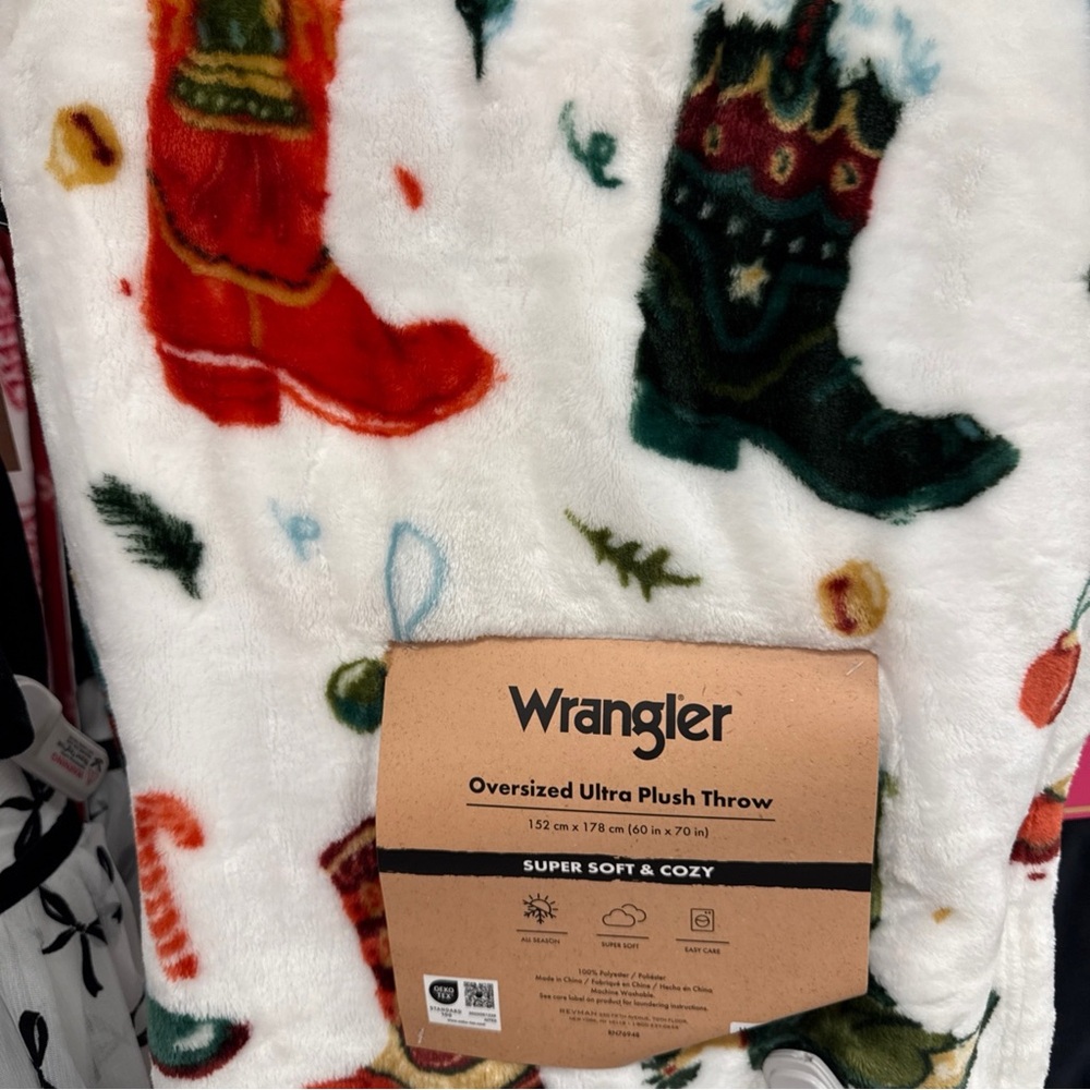 Wrangler Plush Throw with Red and Green festive Webstern boots Accents